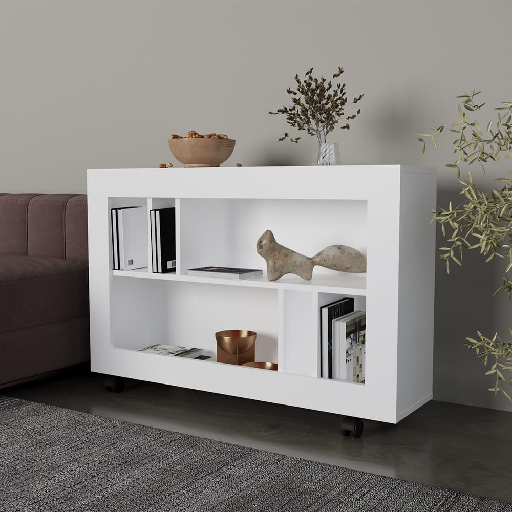 White Engineered Wood Table Cart with Shelves for Kitchen Storage