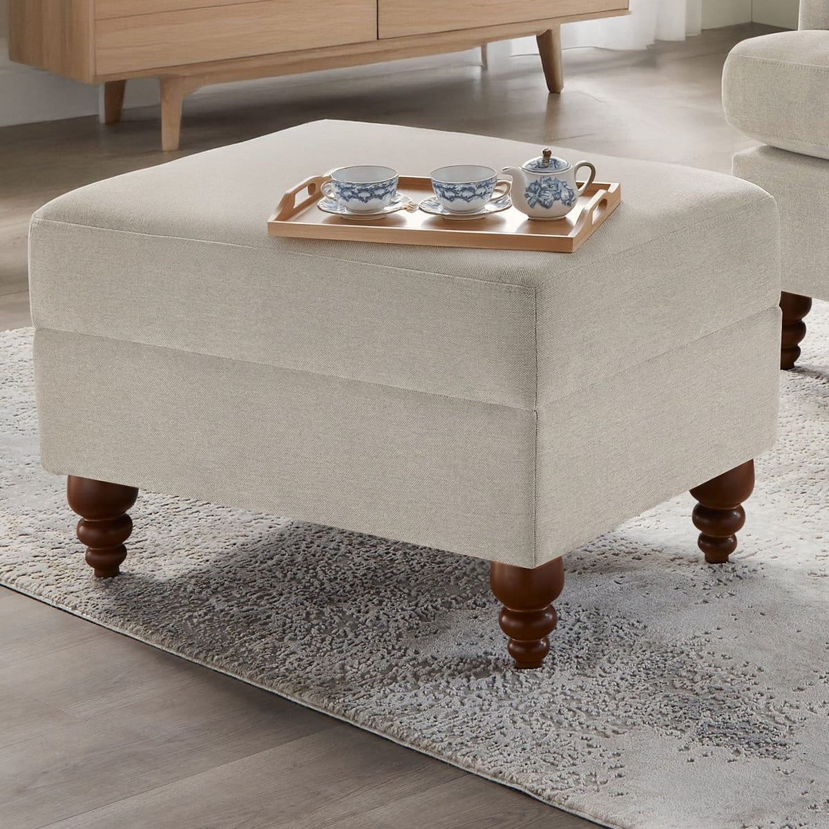 Beige Grey Polyester Ottoman - 28" Rectangle