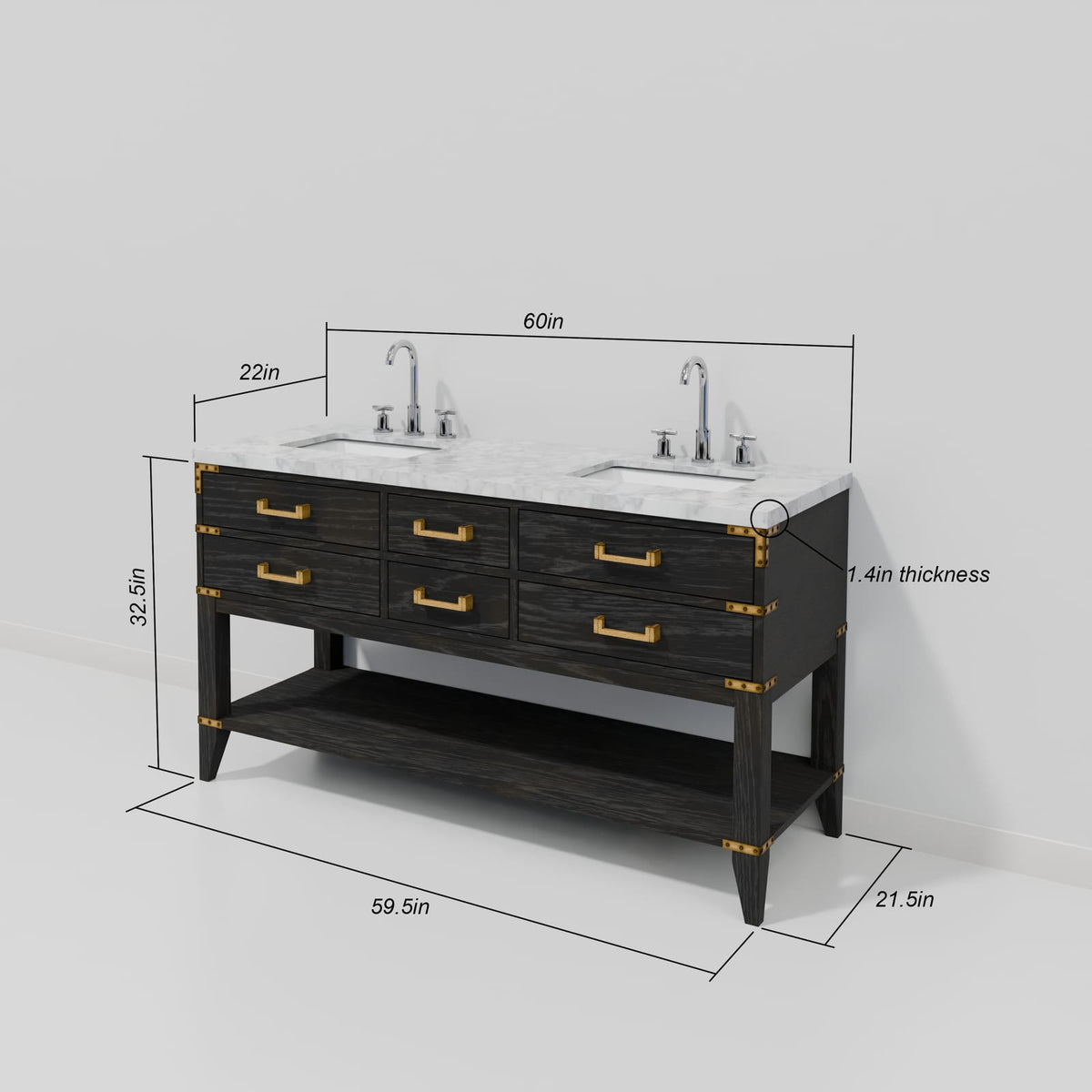 Black Oak Double Bath Vanity - 60" W Carrara Marble Top & Faucet