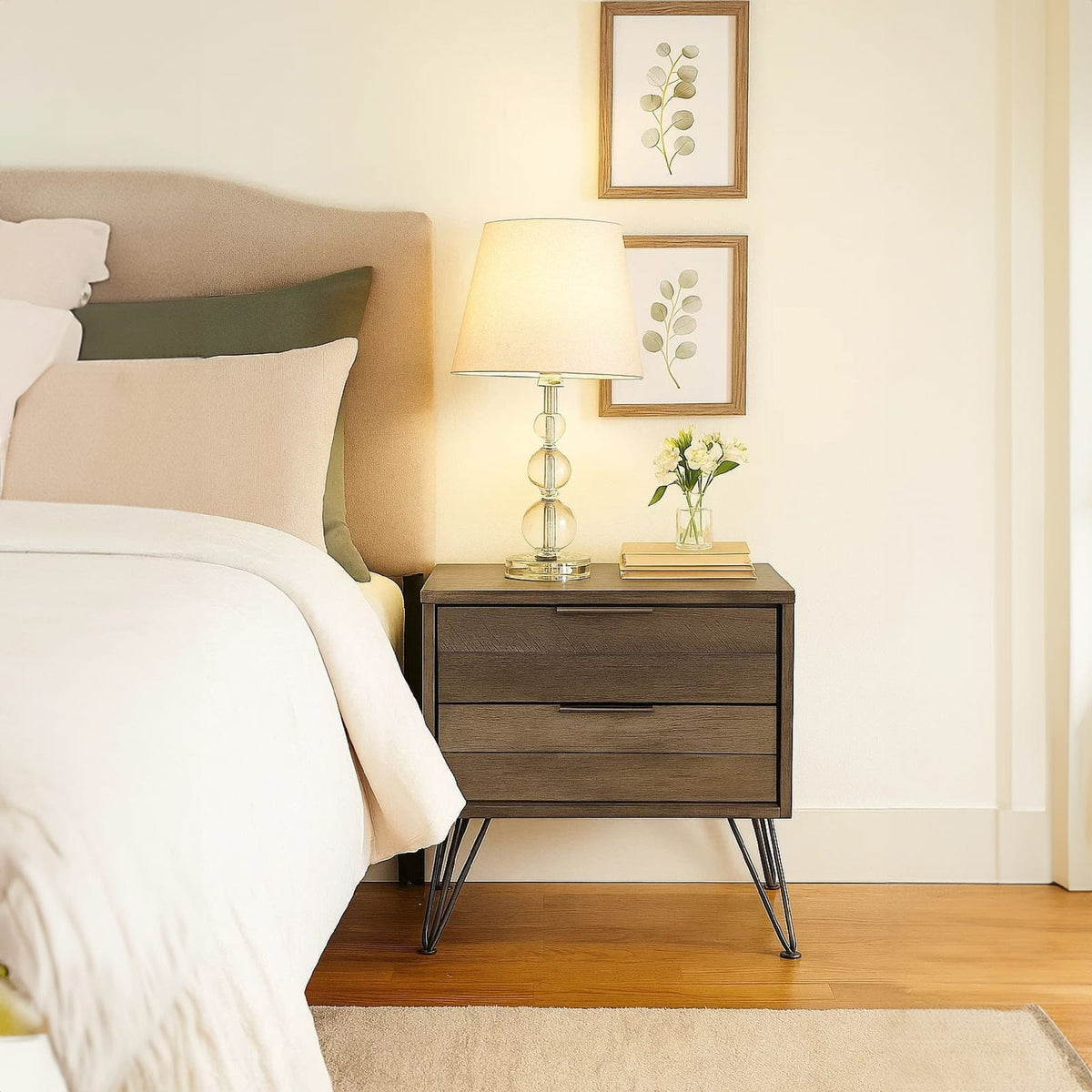 Contemporary Gray Wood Nightstand with Metal Legs - Storage & Style