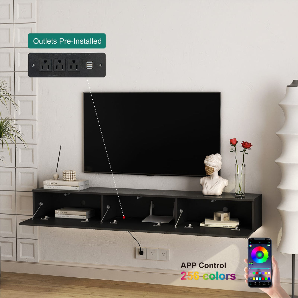 66 Inch Black MDF Floating TV Stand with LED Lights