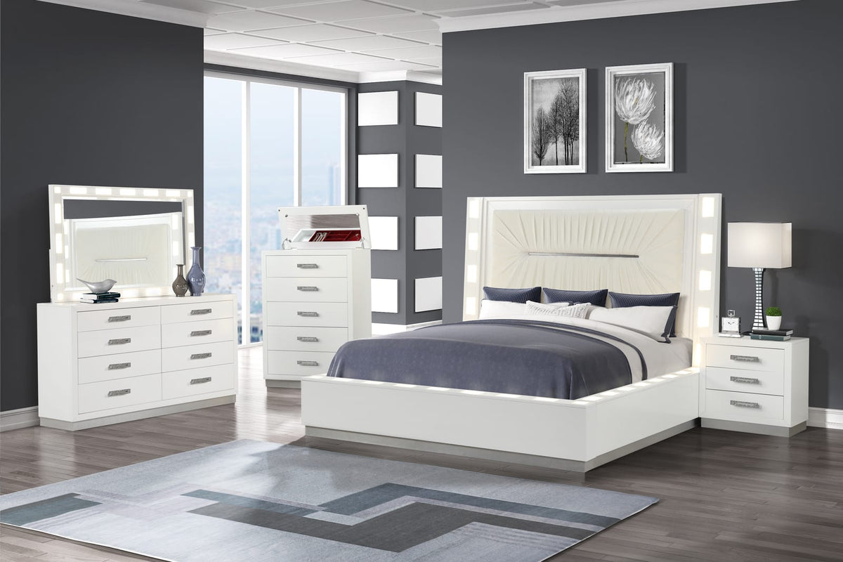 Modern White Dresser with 5 Drawers & Mirror Lid