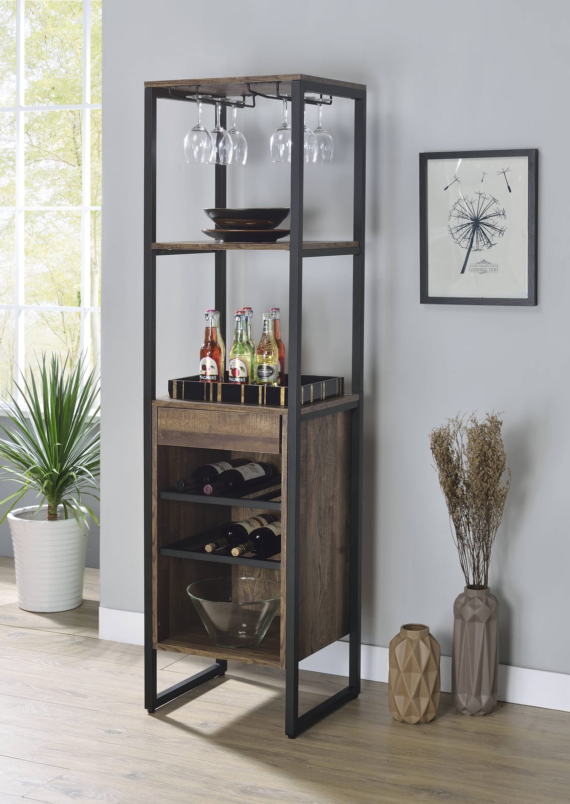 Weathered Oak Wine Rack with 1 Drawer - Storage & Display