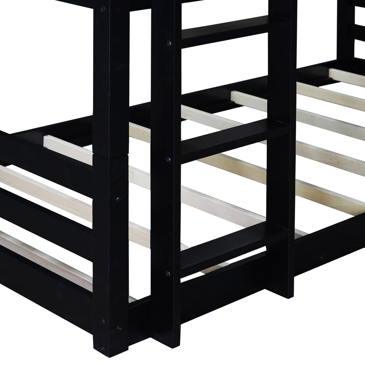 Black Rubber Wood Triple Bunk Bed with Ladders and Guardrails for Bedroom