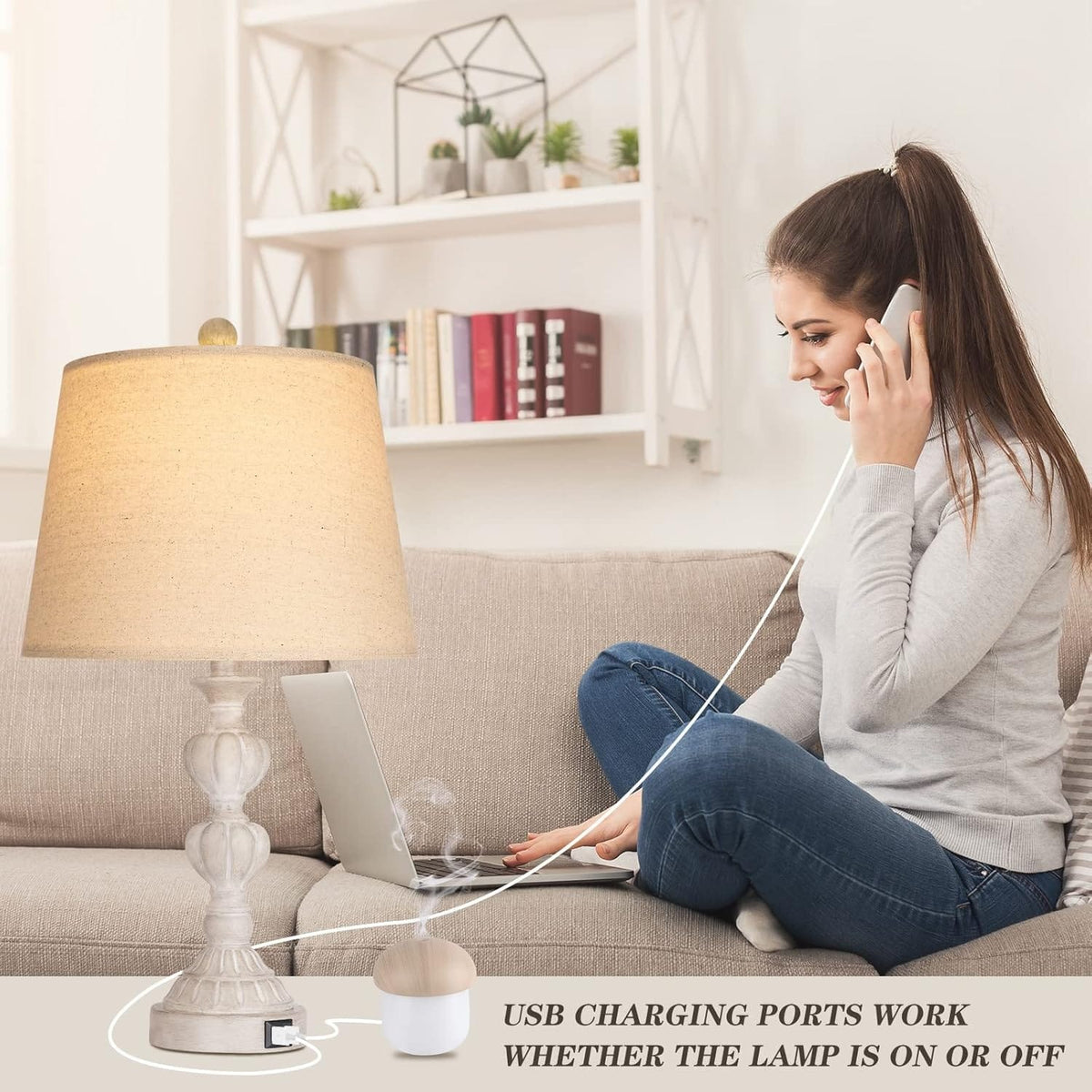 Coastal Farmhouse Table Lamps Set of 2 - Beige, USB Charging Ports