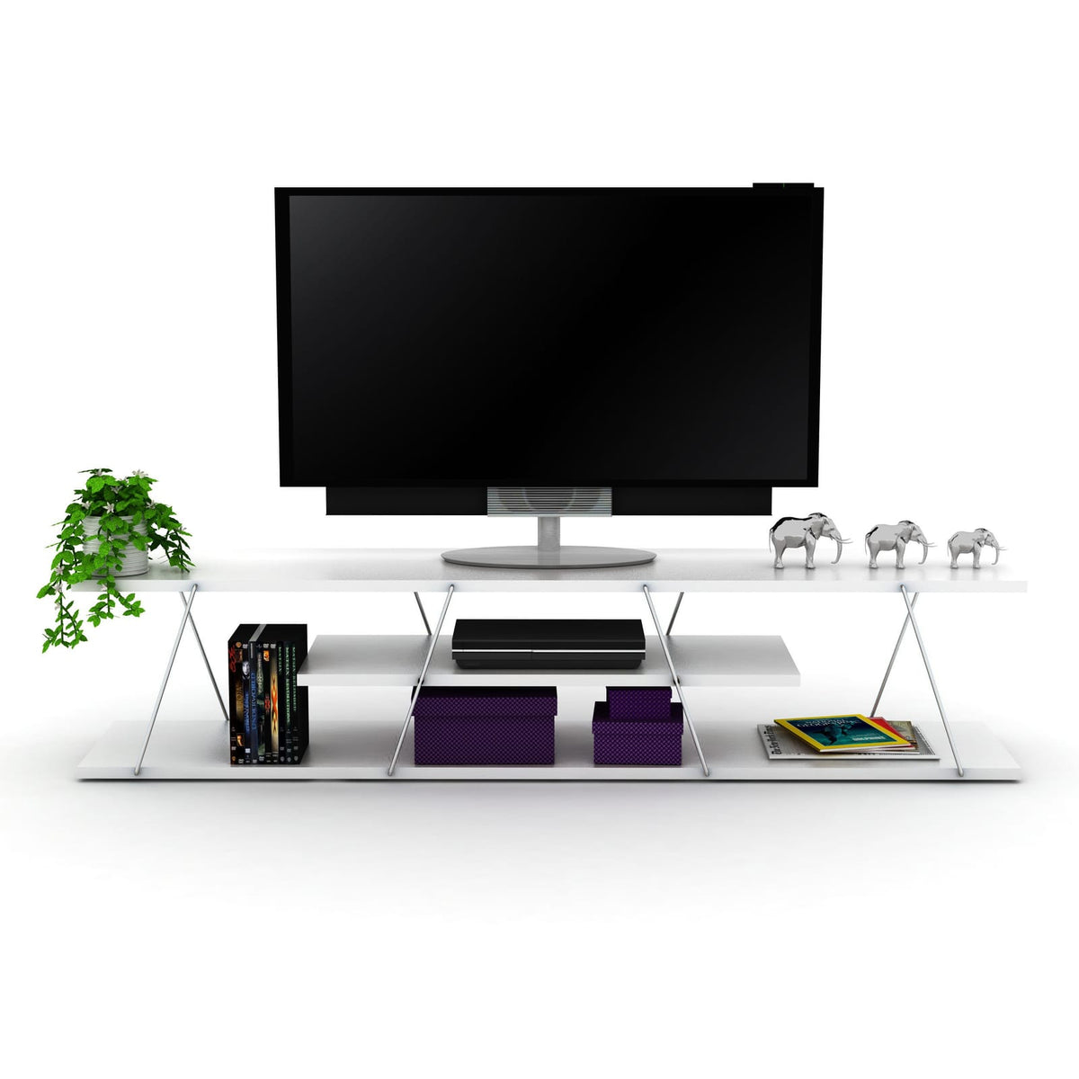 White Solid Wood TV Stand 4 Shelves 56 Inch
