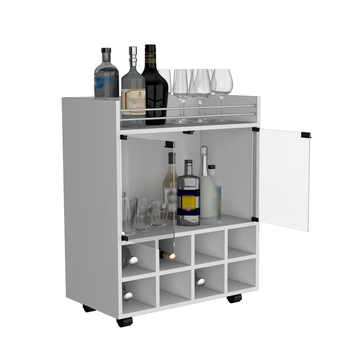 St Andrews Bar Cart - White, 8-Bottle Rack, Double Glass Door