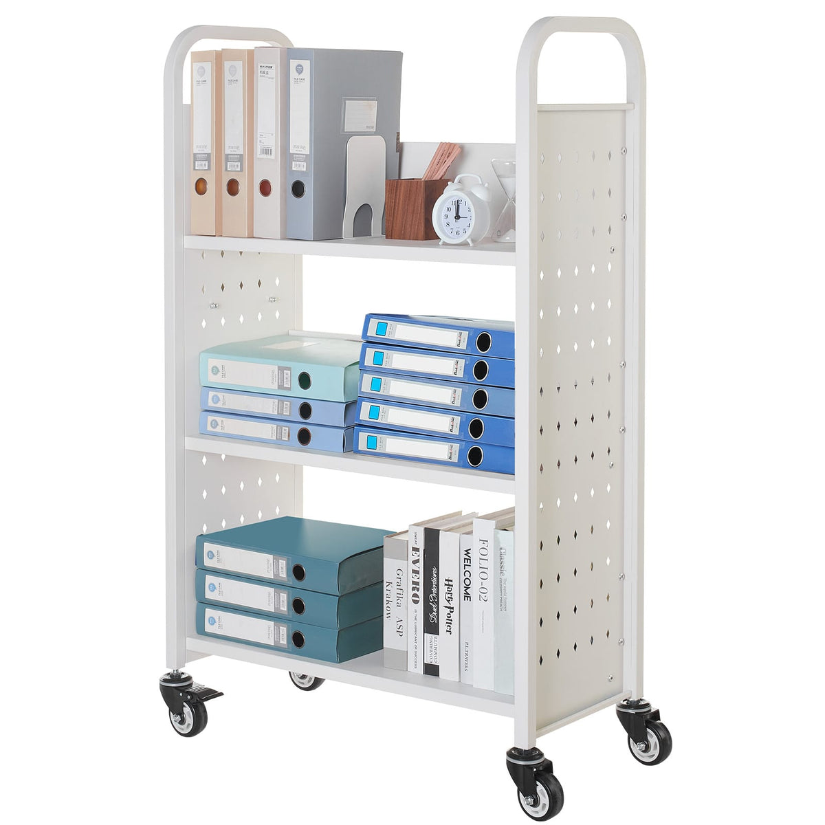 Large White Carbon Steel Book Cart - 3 Tier Rolling Shelf