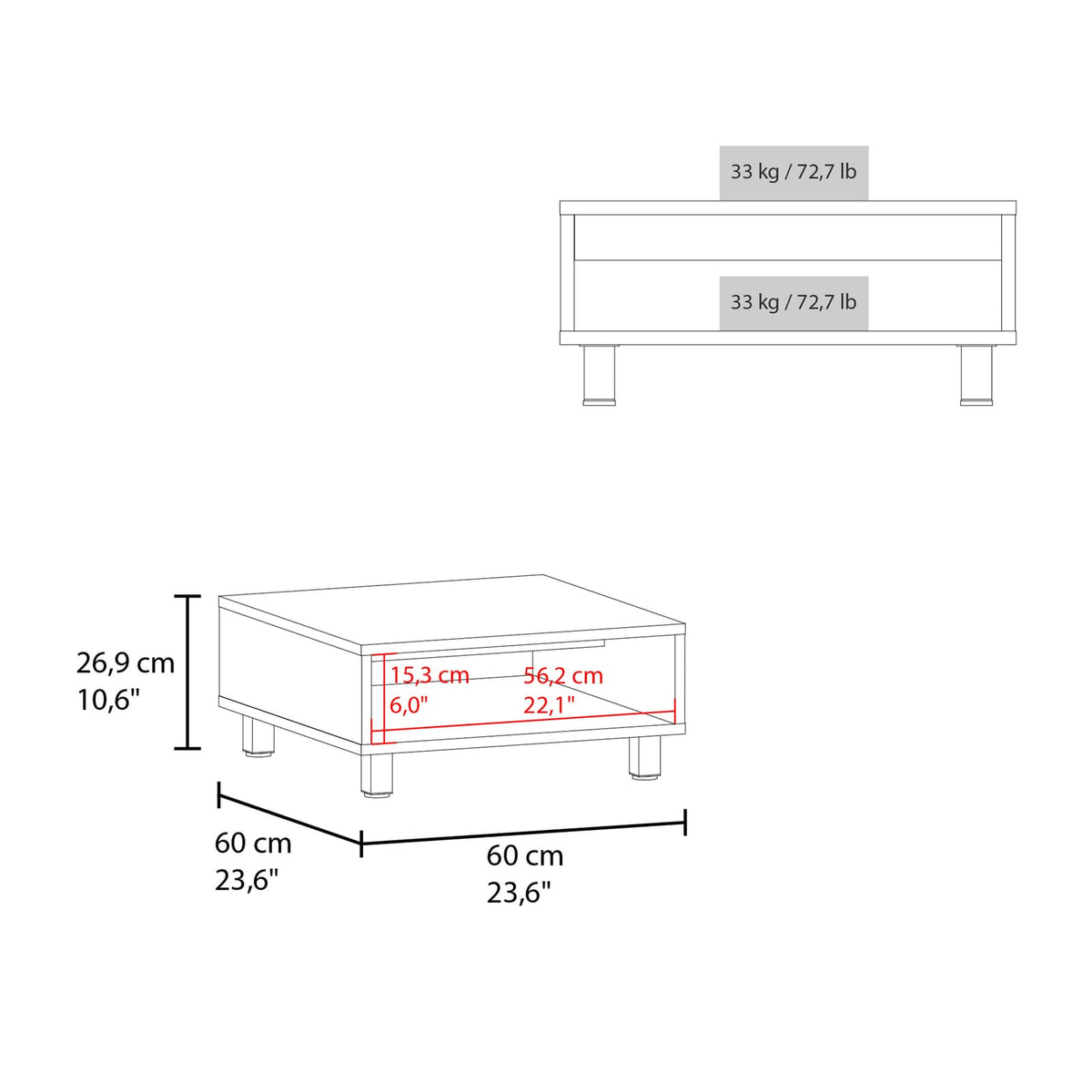 Coffee Table - 1 Shelf, White, Modern Design