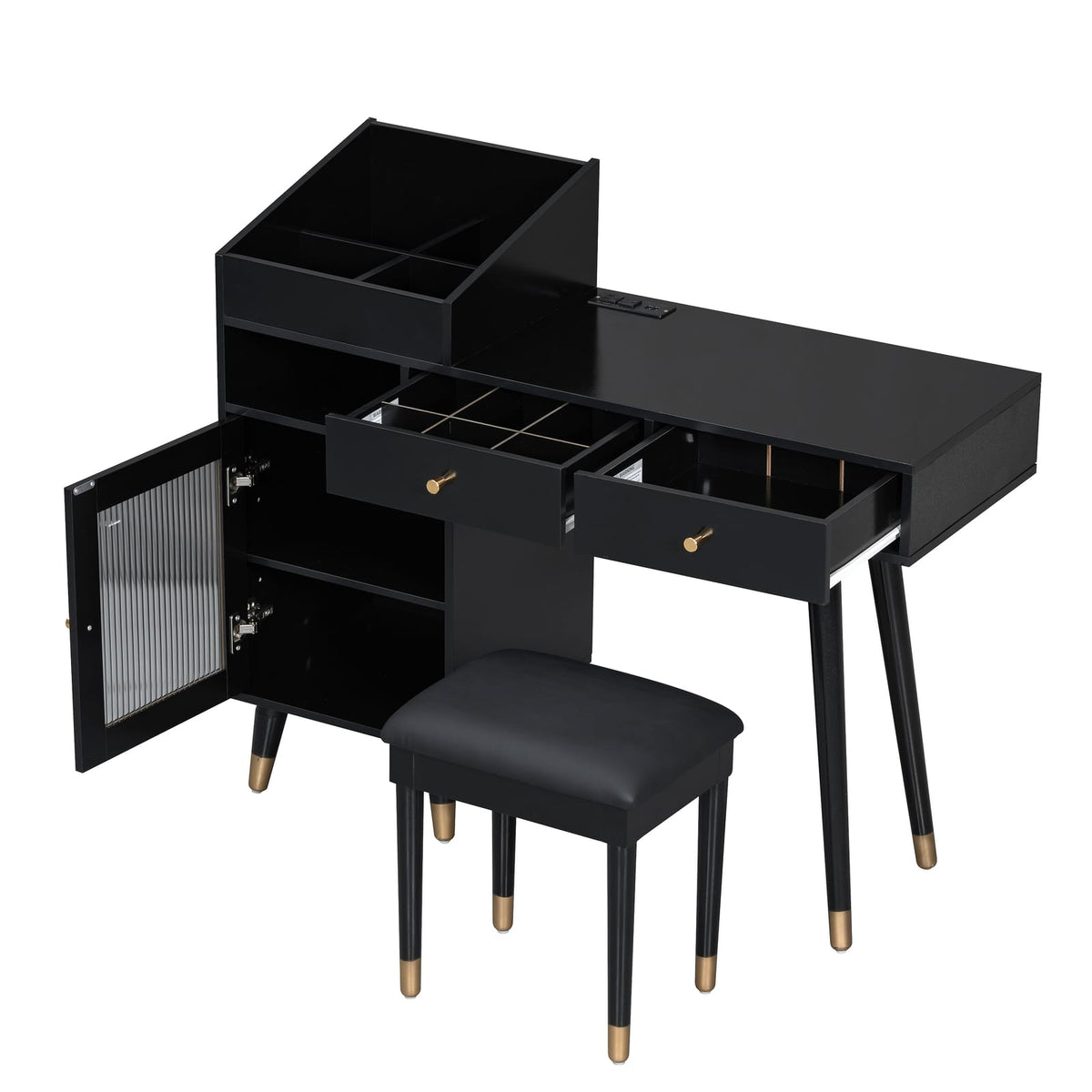 Black Engineered Wood Makeup Vanity Desk with Charging Station for Bedroom