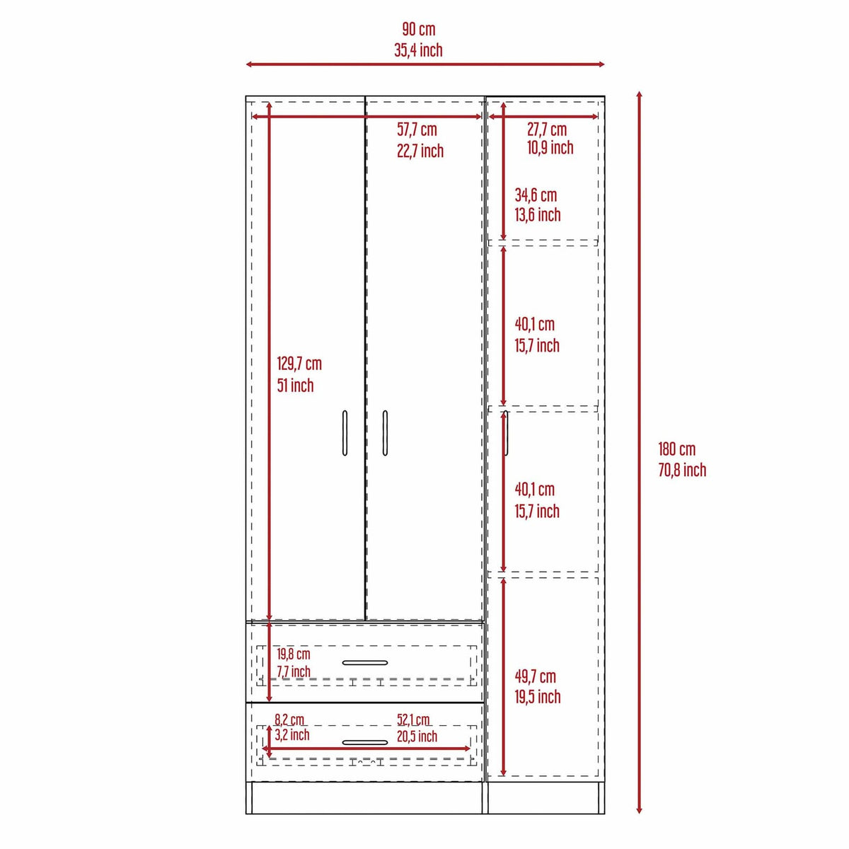 White 3-Door Armoire with Drawers & Hanging Rod - Storage Dresser for Bedroom
