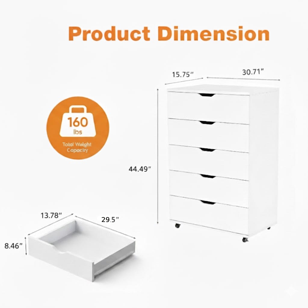 Extra-Wide White Engineered Wood Dresser with Lockable Wheels for Bedroom
