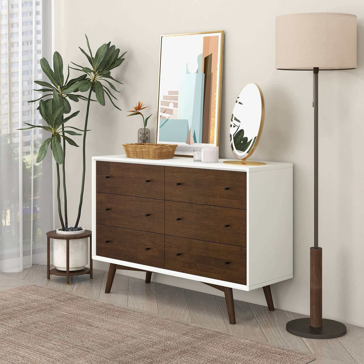 6-Drawer Mid Century Modern Dresser - Dark Brown White