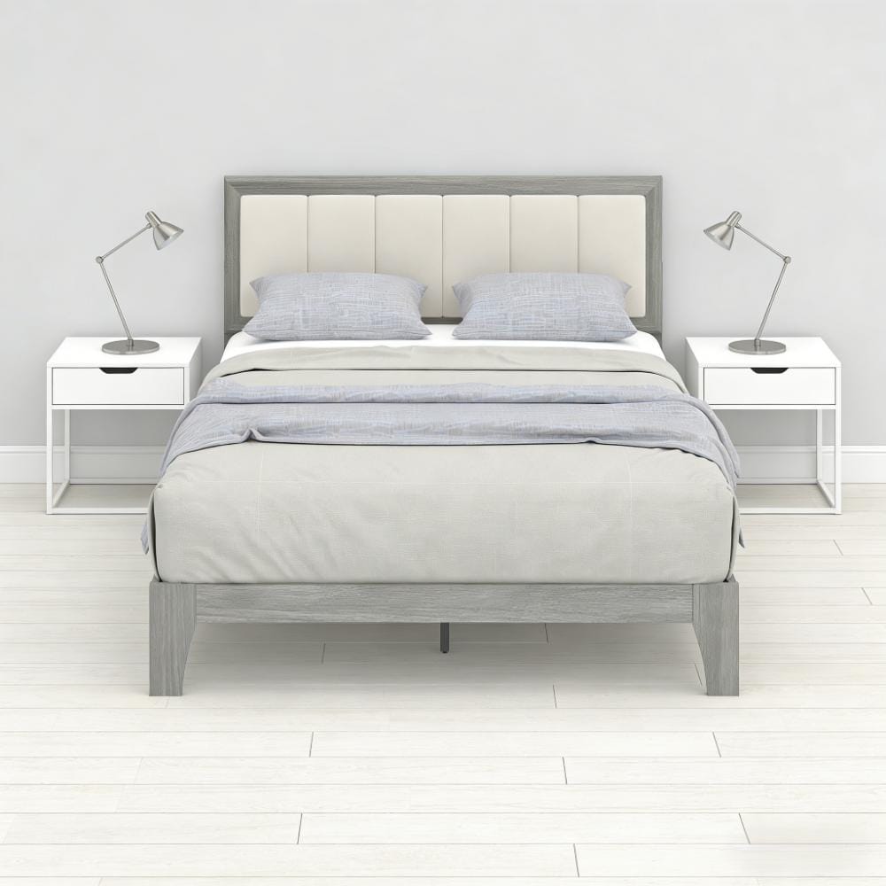 Queen Bed Frame Beige Gray Linen Look Headboard