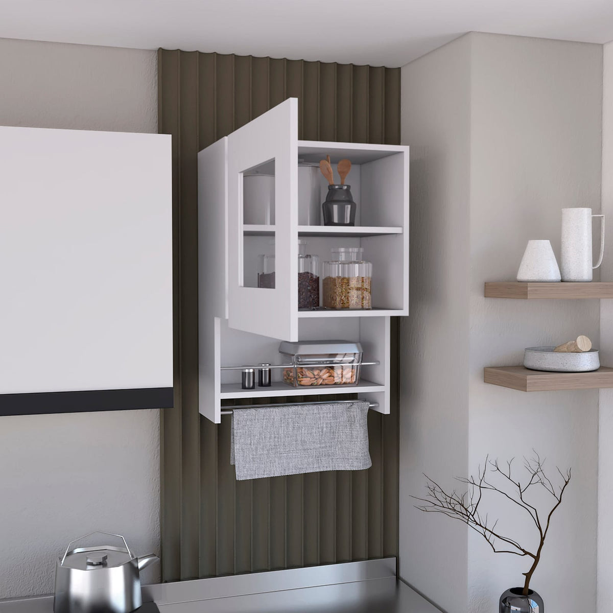 Kitchen Wall Cabinet 29" H - White with Towel Rack & Spice Shelf