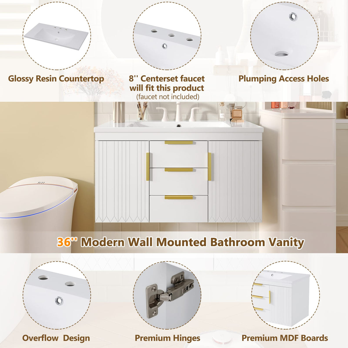 36 Inch White Bathroom Vanity - Wall Mounted Storage Cabinet