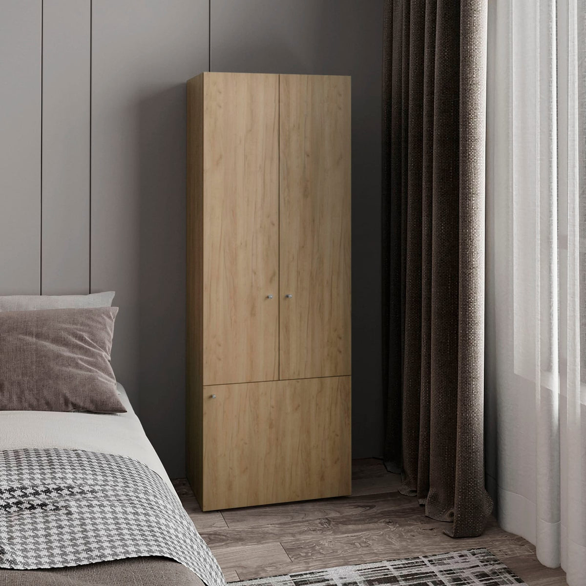 Modern Oak Particle Board Wardrobe with Hanging Rod for Bedroom Storage