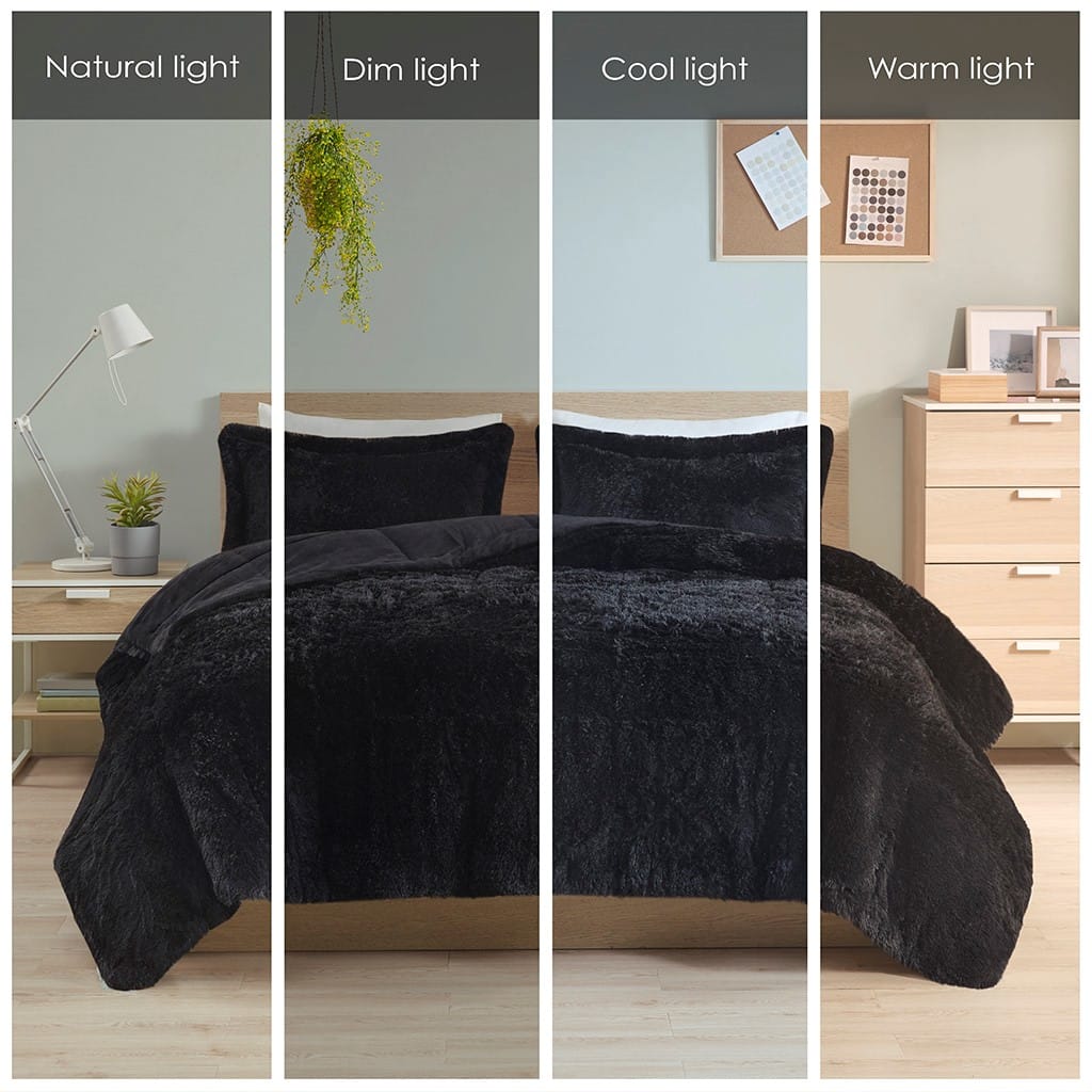 Queen Shaggy Polyester Comforter Set Black