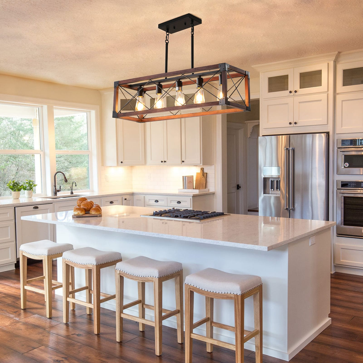 32" Red Wood Industrial Farmhouse Pendant Light - 5-Light Chandelier