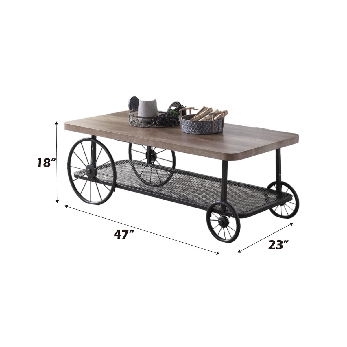 Oak Coffee Table with Antique Grey Finish & Shelf for Living Room