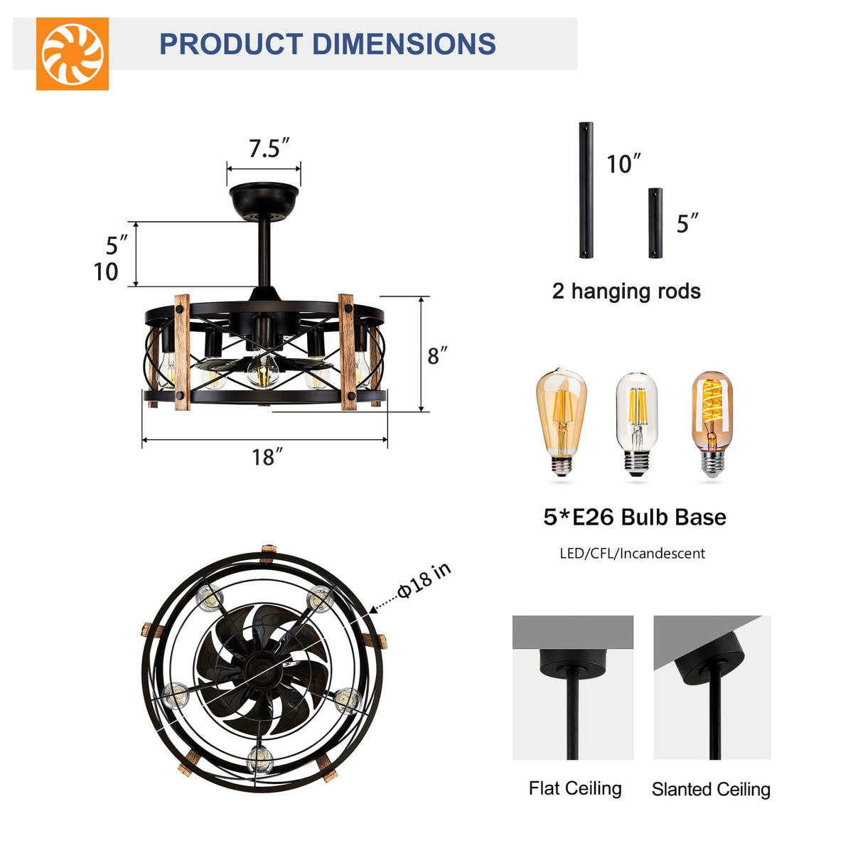 Matte Black Ceiling Fan with Remote - Modern Iron Design