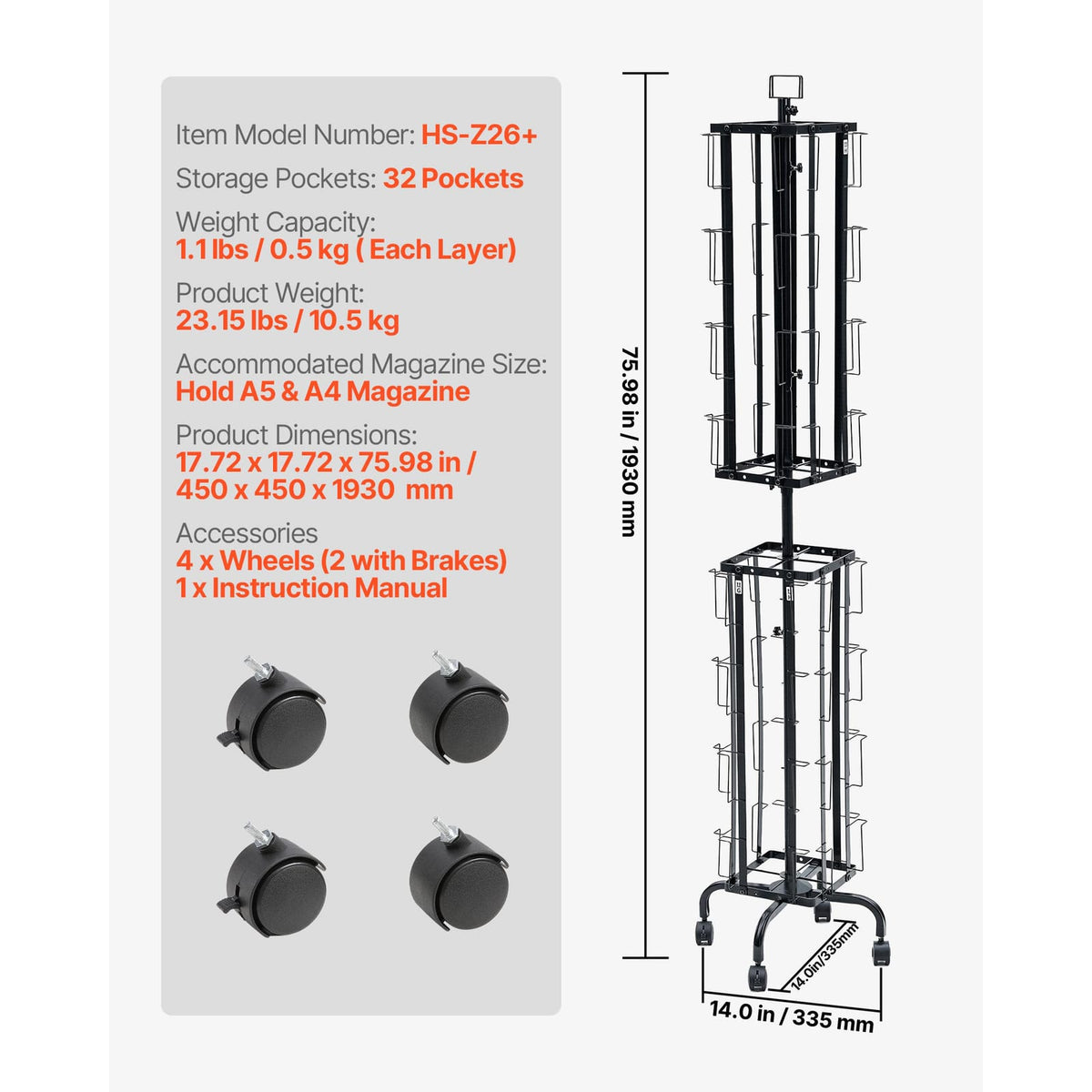 32 Pocket Rotating Card Display Rack - Black Metal for Living Room