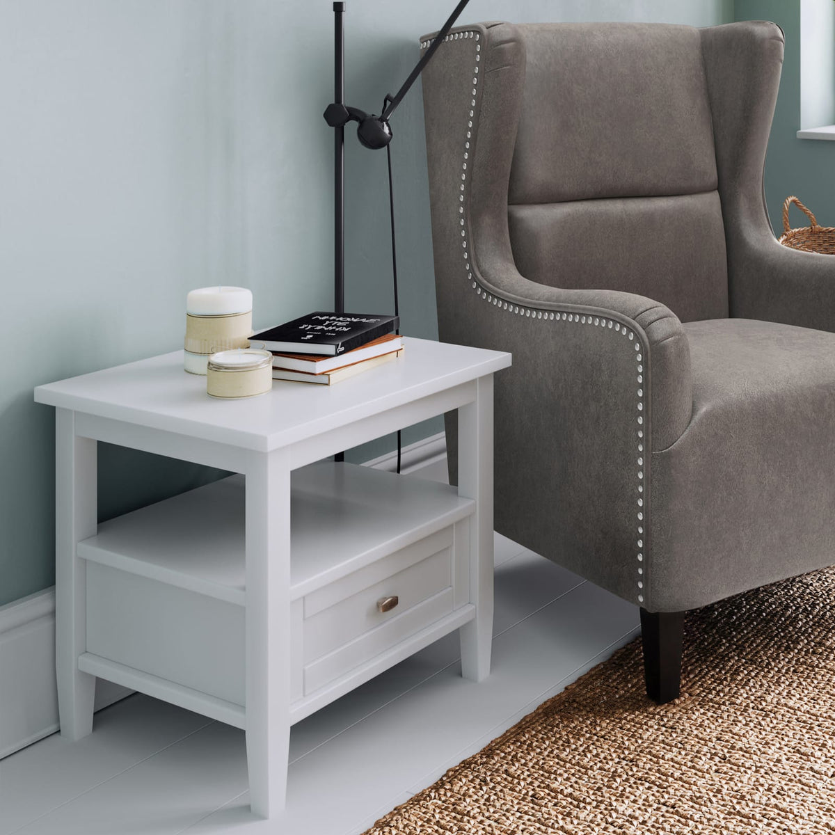 White Wood End Table with Drawer for Modern Bedroom Storage for Living Room