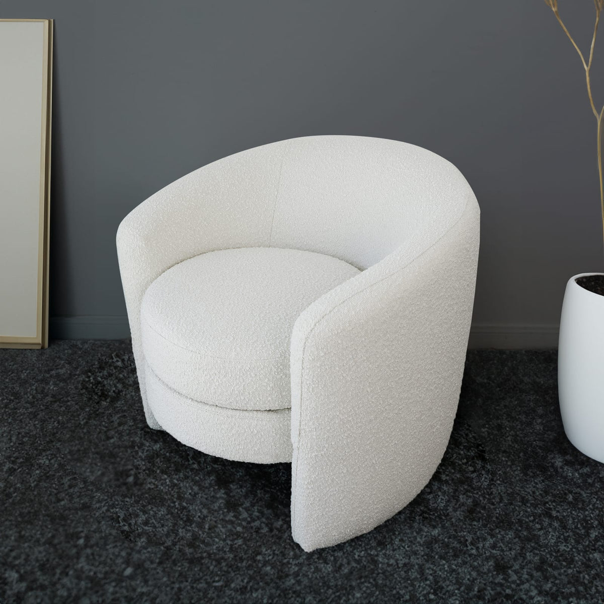 White Mid-Century Modern Boucle Lounge Chair - 29.92" W