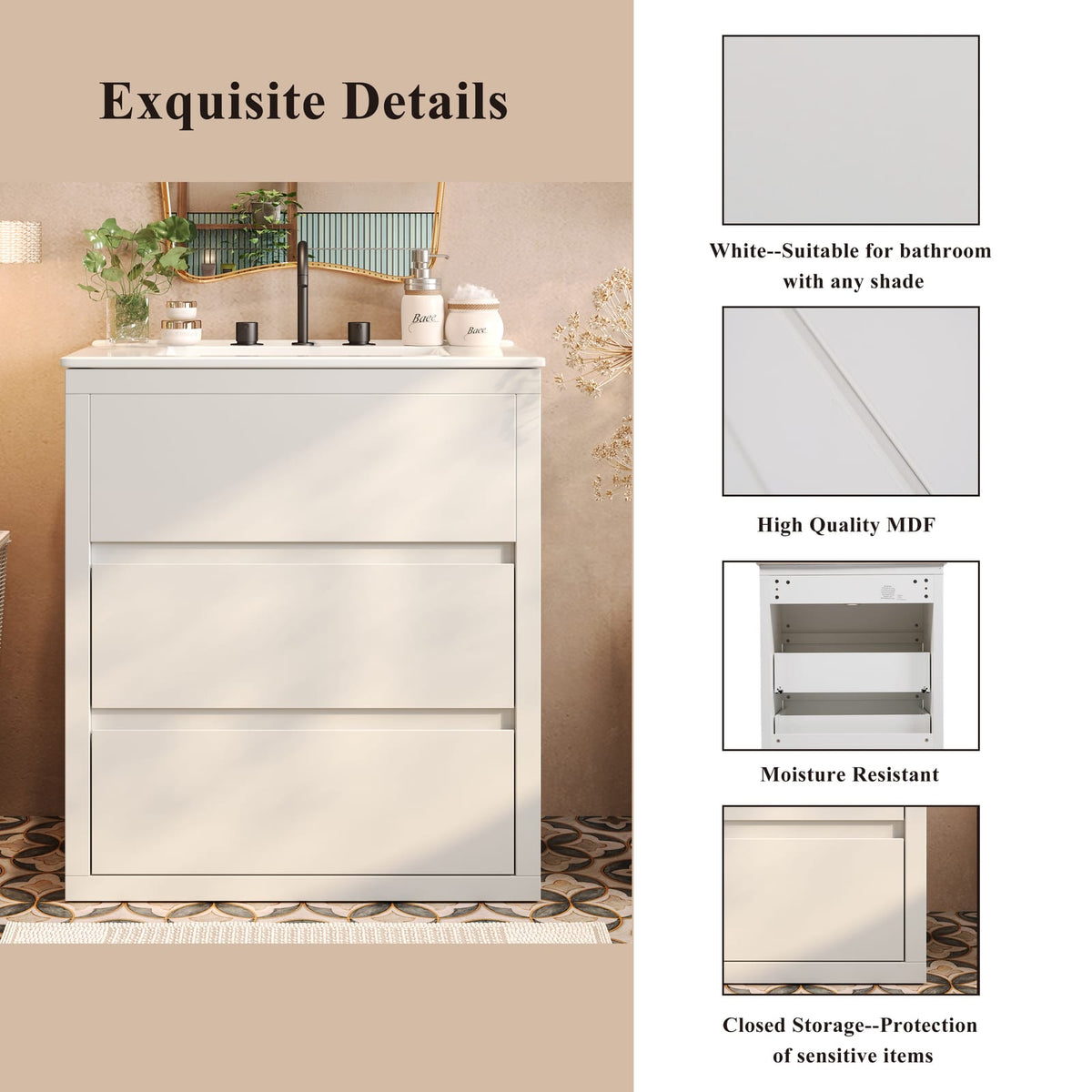 30 inch White Bathroom Vanity with Ceramic Sink and Soft Close Drawers