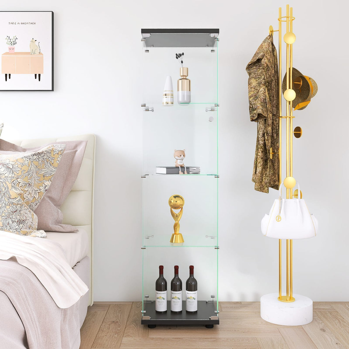 Black Glass Display Cabinet - 4 Shelf Curio Bookshelf