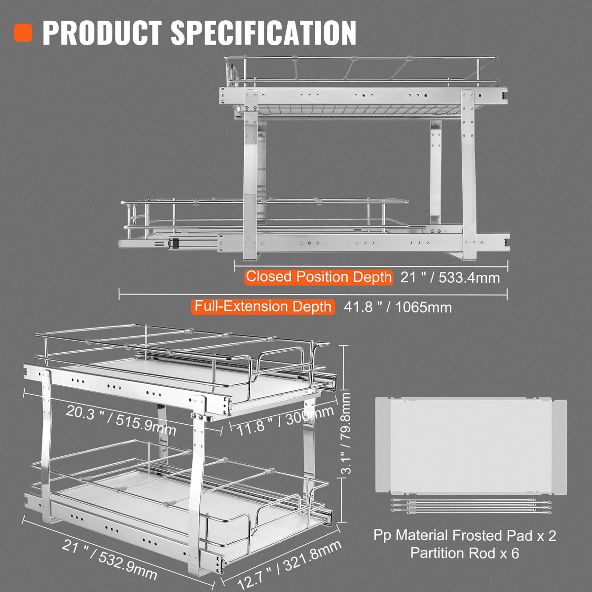Silver Metal Cabinet Organizer - 2 Tier Pull Out Shelves