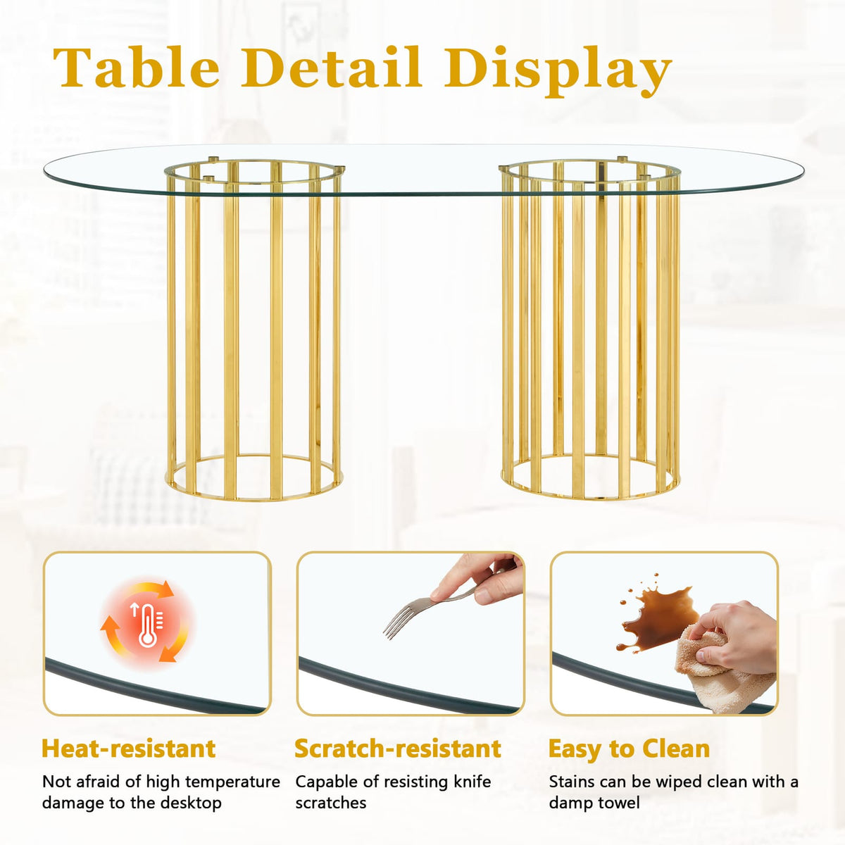 6 Person Glass Dining Table Set Gold Metal Chairs