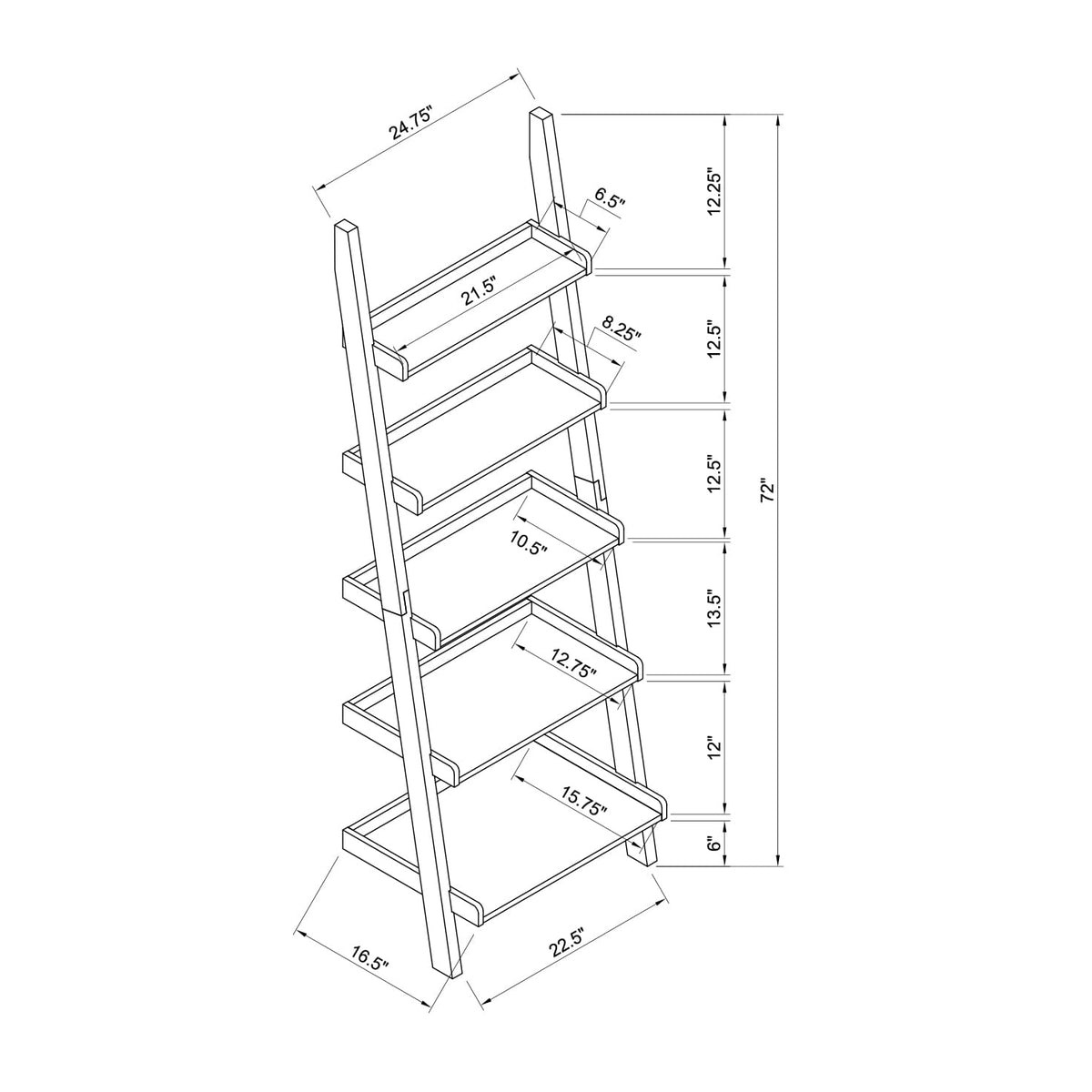 Espresso 72" Five Shelf Ladder Bookcase for Living Room