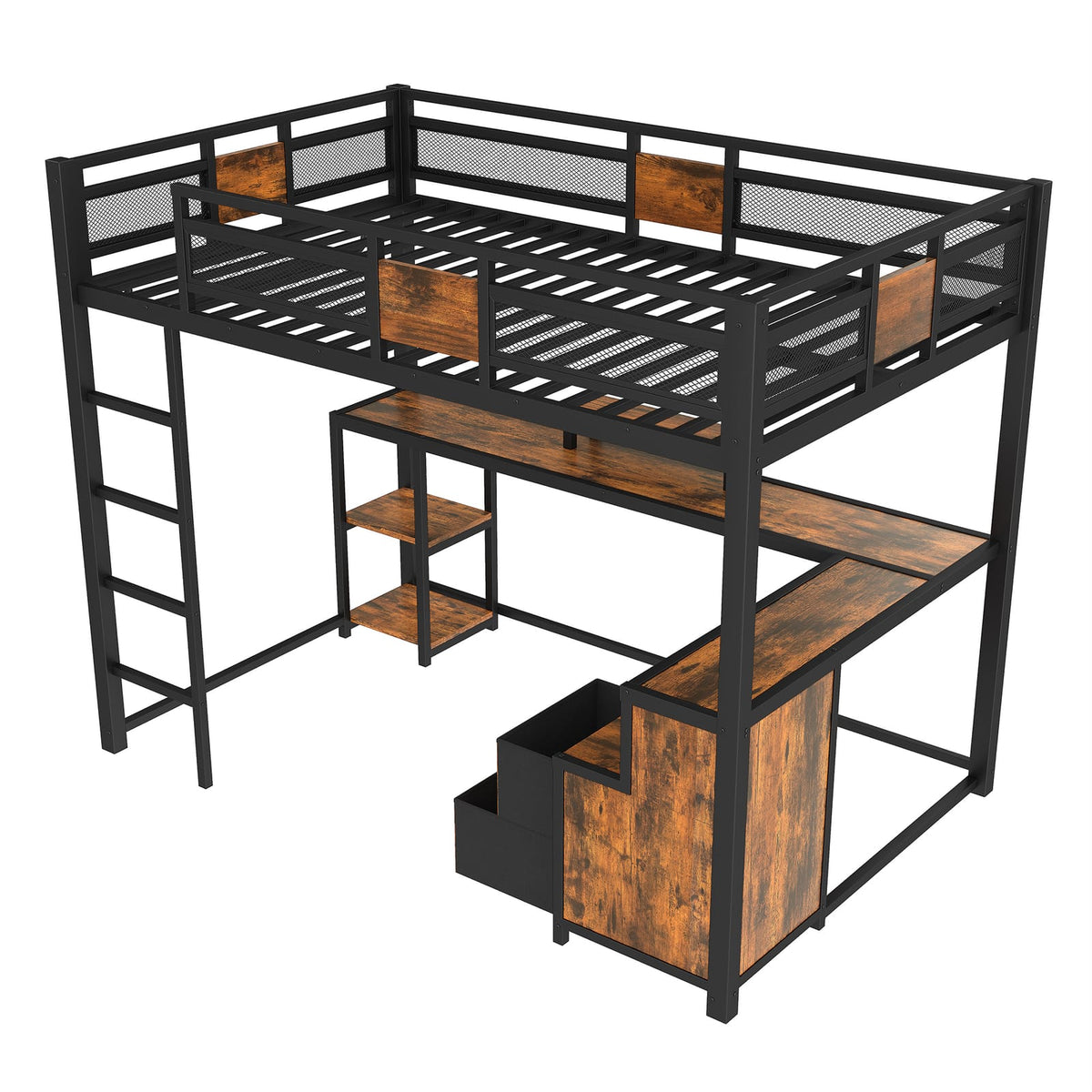 Black Full Loft Bed with Storage and Desk, Metal Frame for Bedroom