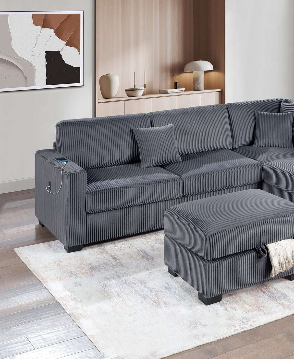 Dark Gray Corduroy L-Shaped Sectional Sofa - 105" for Living Room