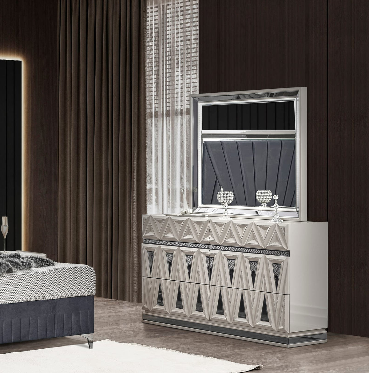 Beige Black Grey Wood Vanity Mirror with LED Lighting