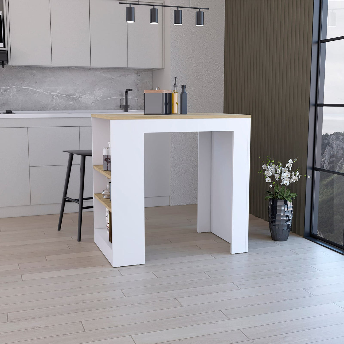 36 Inch Kitchen Island with Shelves, White Macadamia