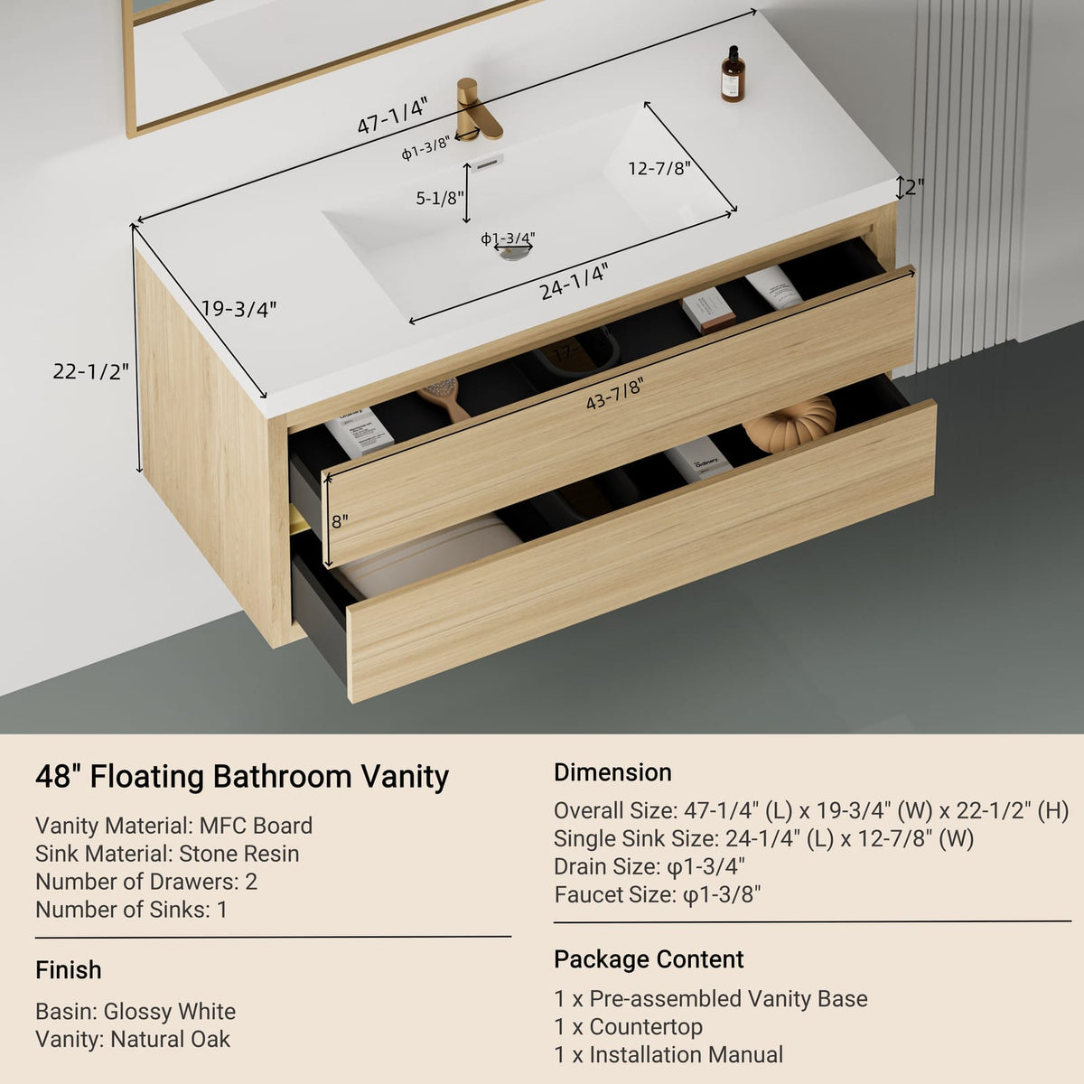 47" Oak Bathroom Vanity with Sink - Pre-Assembled Storage Cabinet