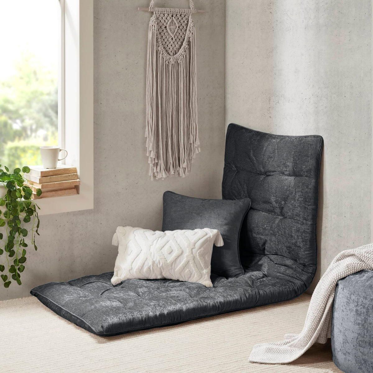 Charcoal Polyester Lounge Floor Pillow Cushion 27x74", Travel Wrap Included