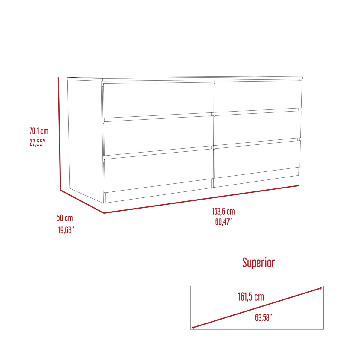 60" Black Bedroom Dresser - Six Drawers