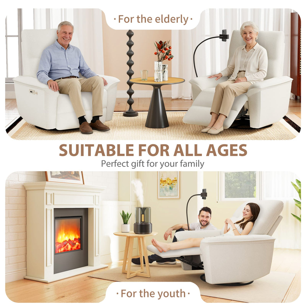 Beige Power Recliner Chair with USB - 270° Swivel & Rocker for Living Room