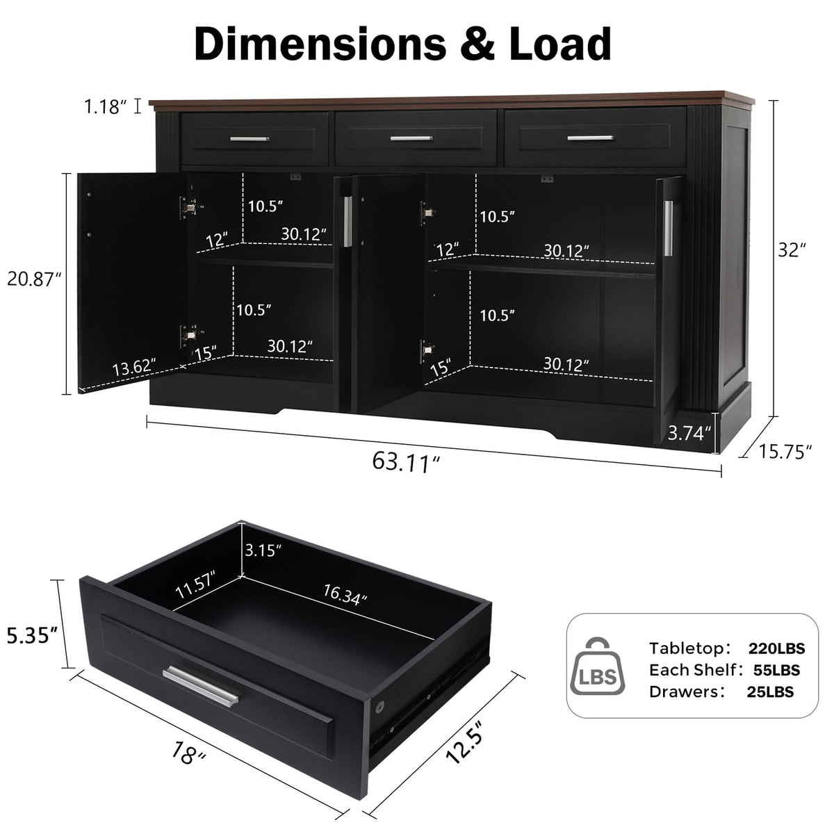 63" Fluted Sideboard Buffet Cabinet - Modern Kitchen Storage Console