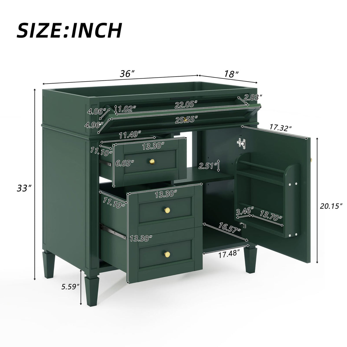 Green Bathroom Vanity with Storage - 36" Modern Cabinet