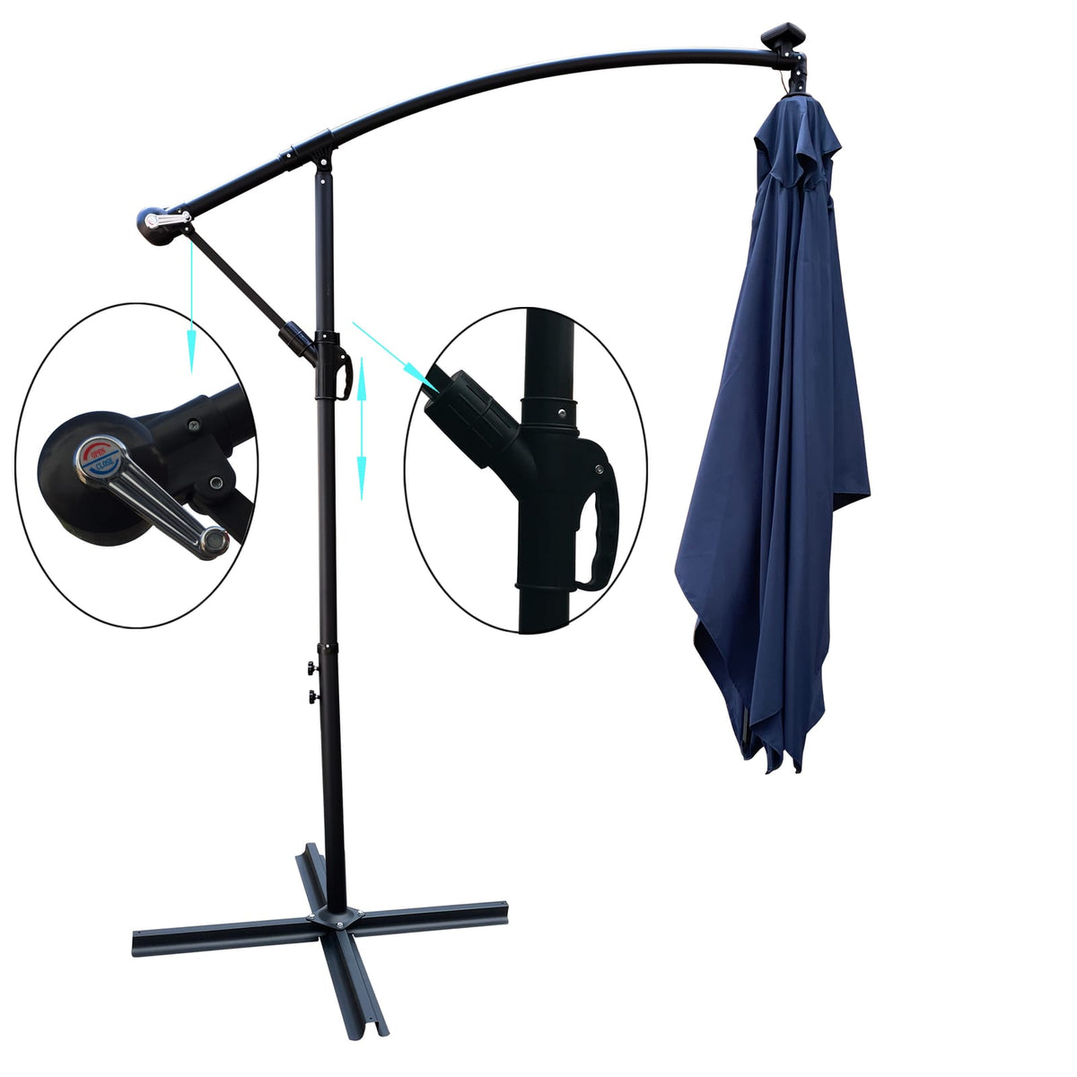 Solar Powered Navy Blue Patio Umbrella with LED Lights for Garden Deck