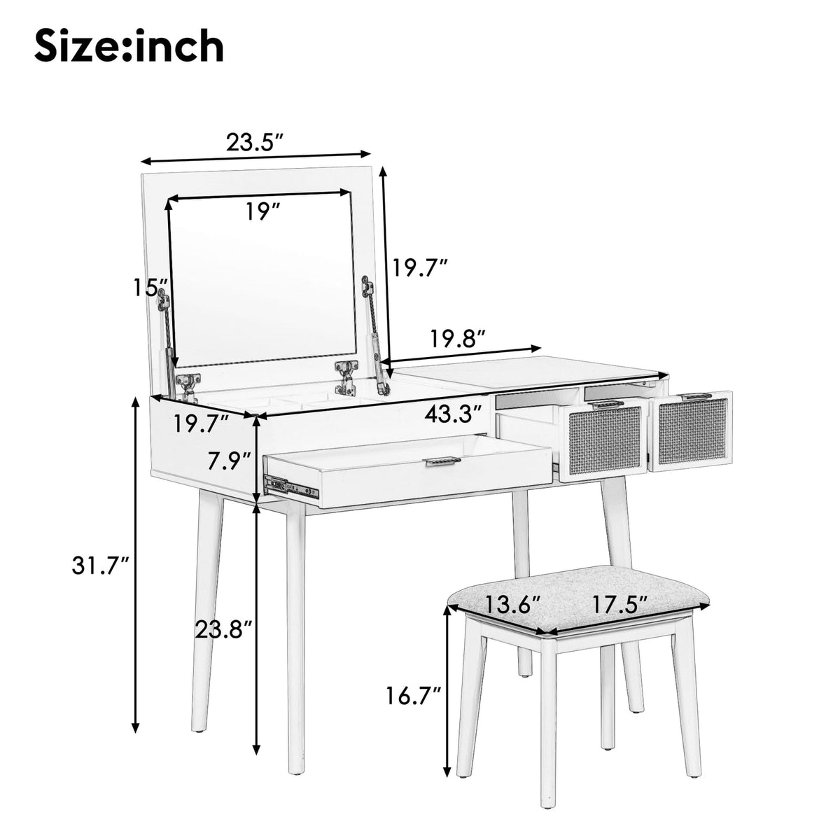 43.3" Brown Wood Makeup Vanity Set with Mirror and Stool