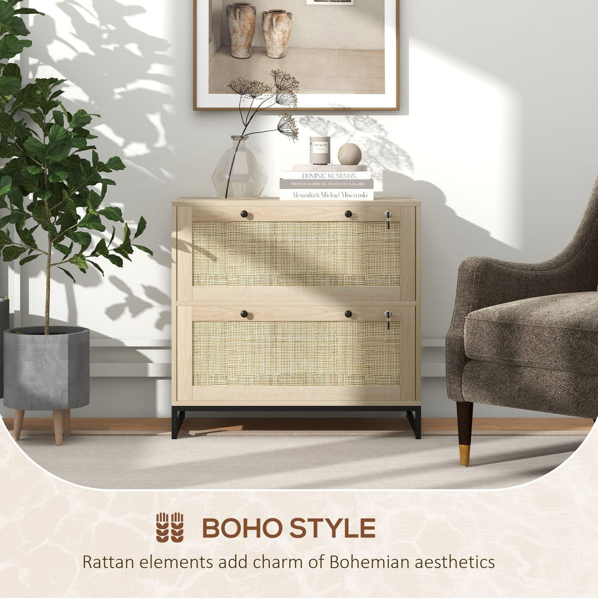 Natural Rattan File Cabinet - 2 Drawers with Lock