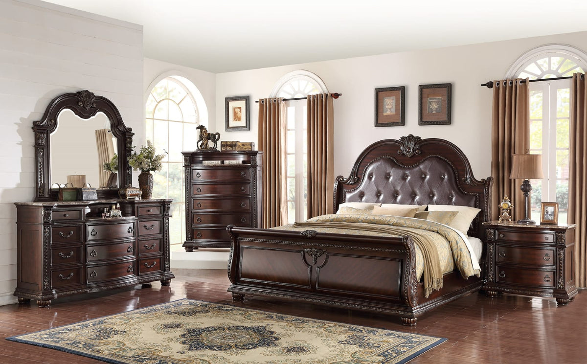 King Size Antique Brown Faux Leather Sleigh Bed for Bedroom