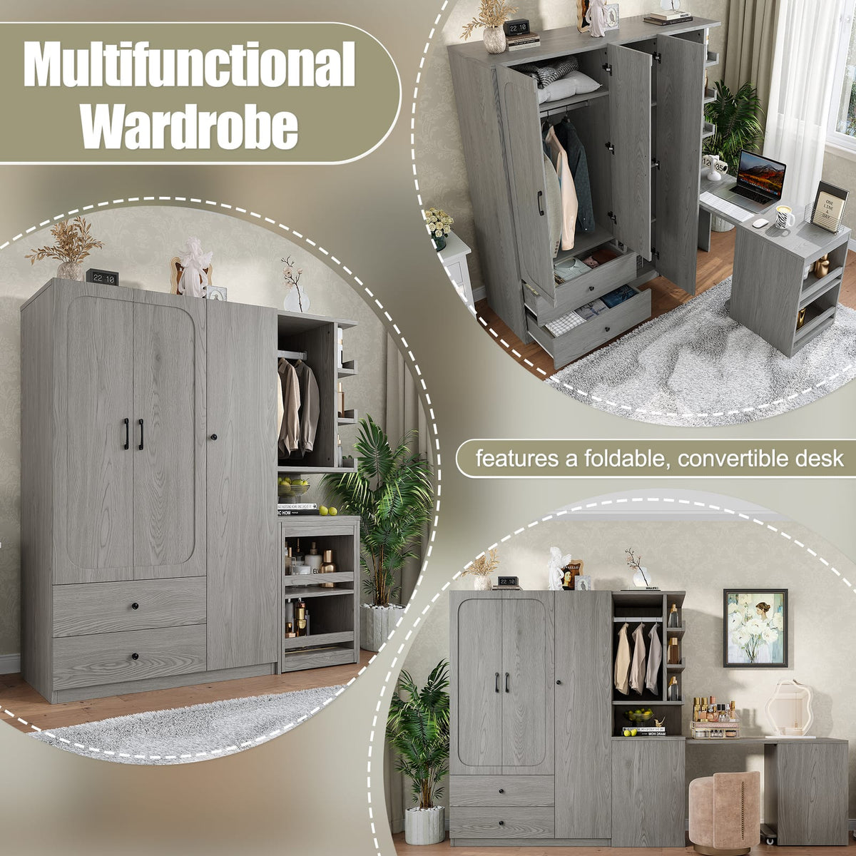 Gray Convertible Wardrobe with Foldable Desk - Bedroom Storage