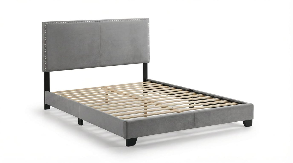 Luxury Gray Velvet Platform Bed Frame - Storage & No Box Spring