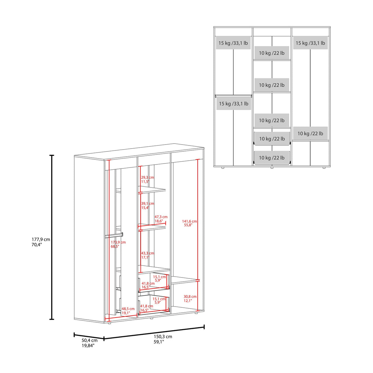 Light Natural 4-Door Dresser with Hanging Rods